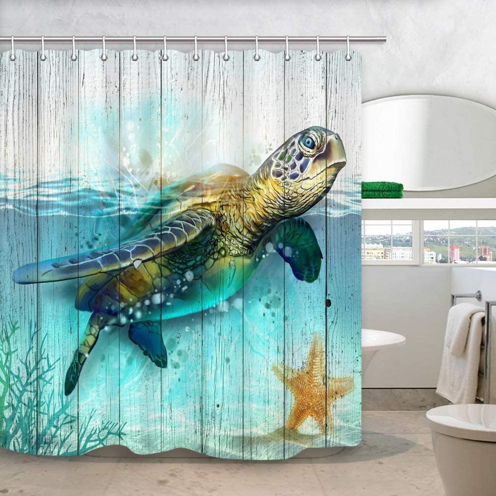 Sea Turtle Shower Curtain for Bathroom, Underwater World Ocean Animal Sea Tortoises Coral and Aquatic Plant on Rustic Wooden Boards Bath Cur