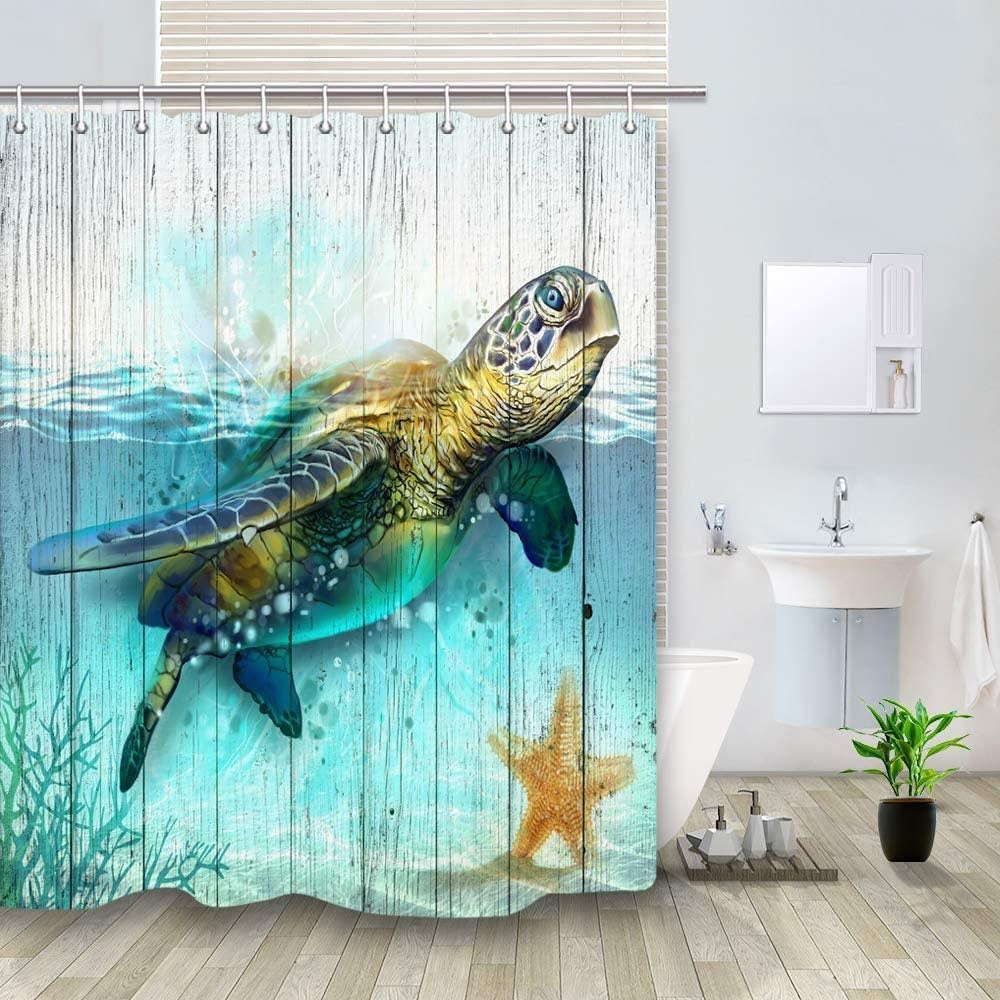 Sea Turtle Shower Curtain for Bathroom, Underwater World Ocean Animal Sea Tortoises Coral and Aquatic Plant on Rustic Wooden Boards Bath Cur