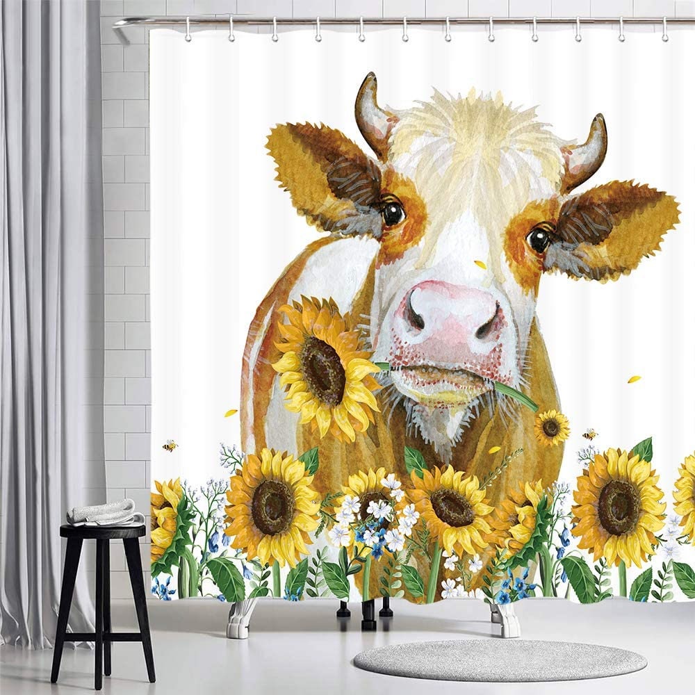 Shower Curtain, Farm Animals Cow Design, Sunflower with Funny Cow 12 Hooks Included