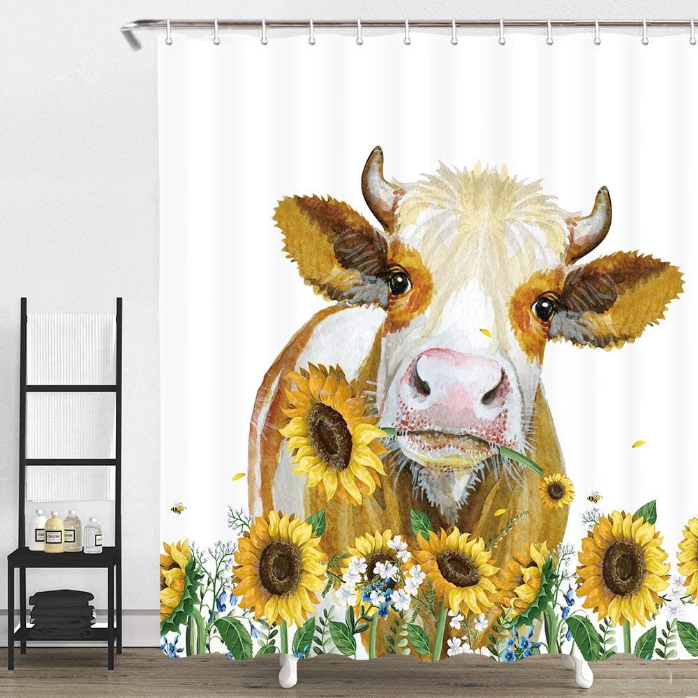 Shower Curtain, Farm Animals Cow Design, Sunflower with Funny Cow 12 Hooks Included