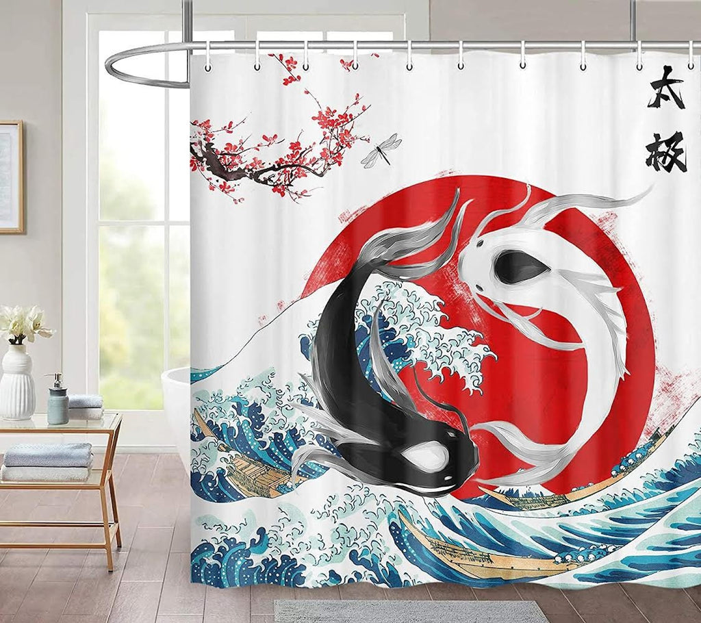 Funny Big Wave Shower Curtain, Two Goldfish Koi Fish Leaf in Blue