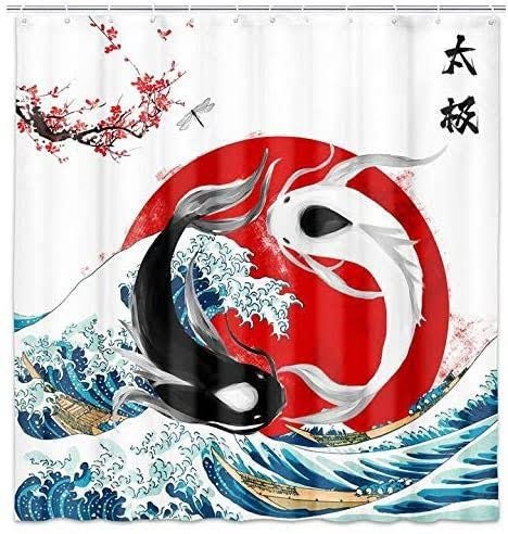 Funny Big Wave Shower Curtain, Two Goldfish Koi Fish Leaf in Blue