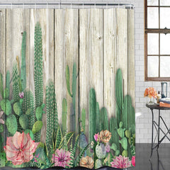 Cactus Shower Curtain Wooden Blossom Plant Flower Bathroom Shower With 12 Hooks 70"x69"