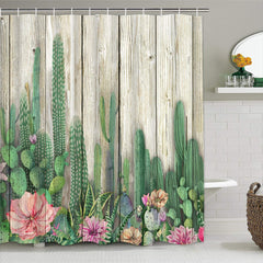 Cactus Shower Curtain Wooden Blossom Plant Flower Bathroom Shower With 12 Hooks 70"x69"