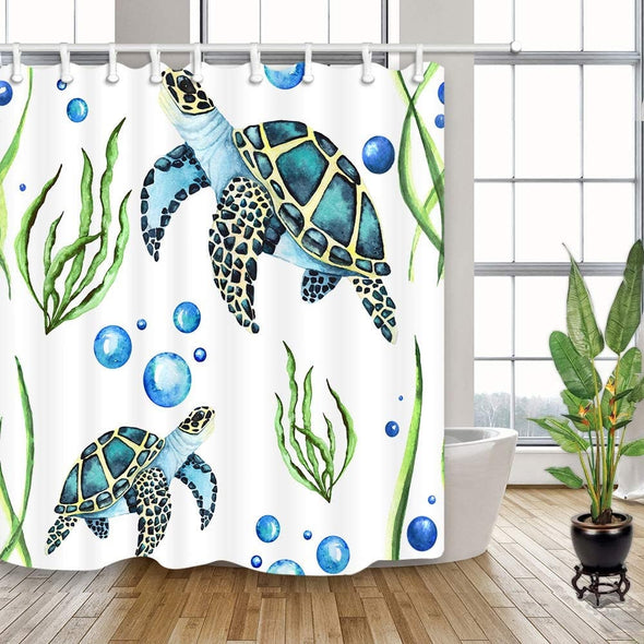 Nautical Bath Curtain Ocean Marine Animals Turtle Underwater With Hooks 69"x70" Inch