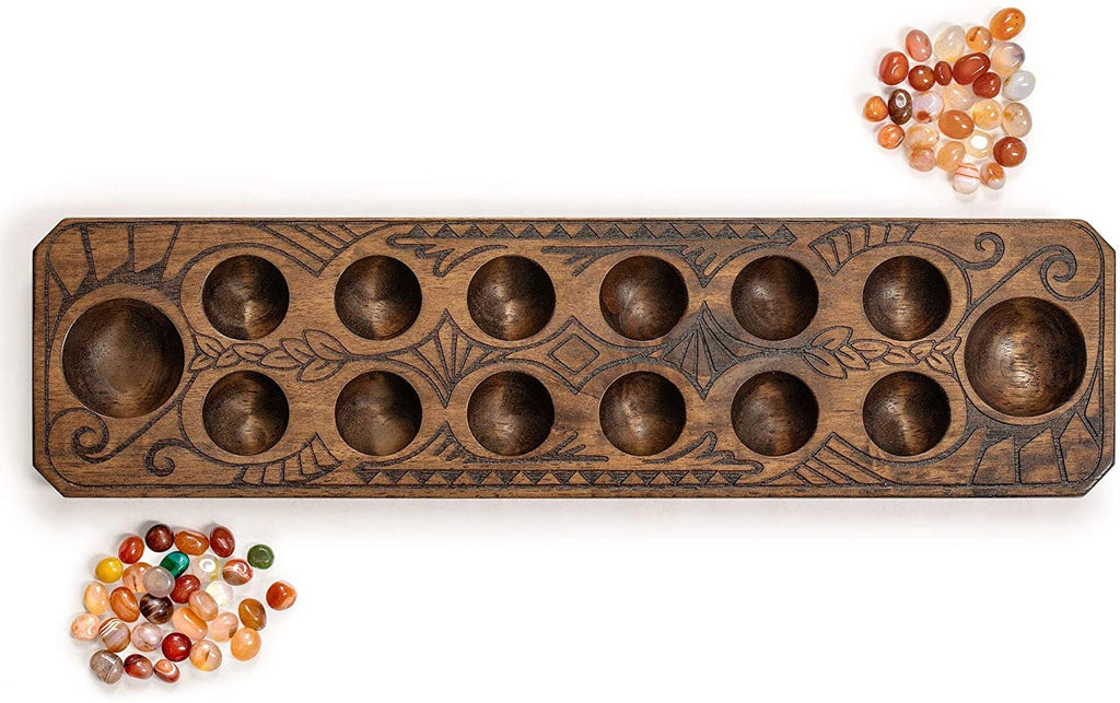 Mancala Set with Wooden Board and Quartz Pebble Playing Pieces, Natural Wood features a beautifully detailed motif