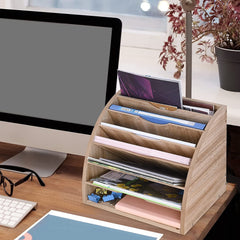Wood File Organizer Desktop, Office 7 Tier Paper Letter Tray Organizer, 6 Adjustable Shelves File Sorter, Large Desk Paper File Holder