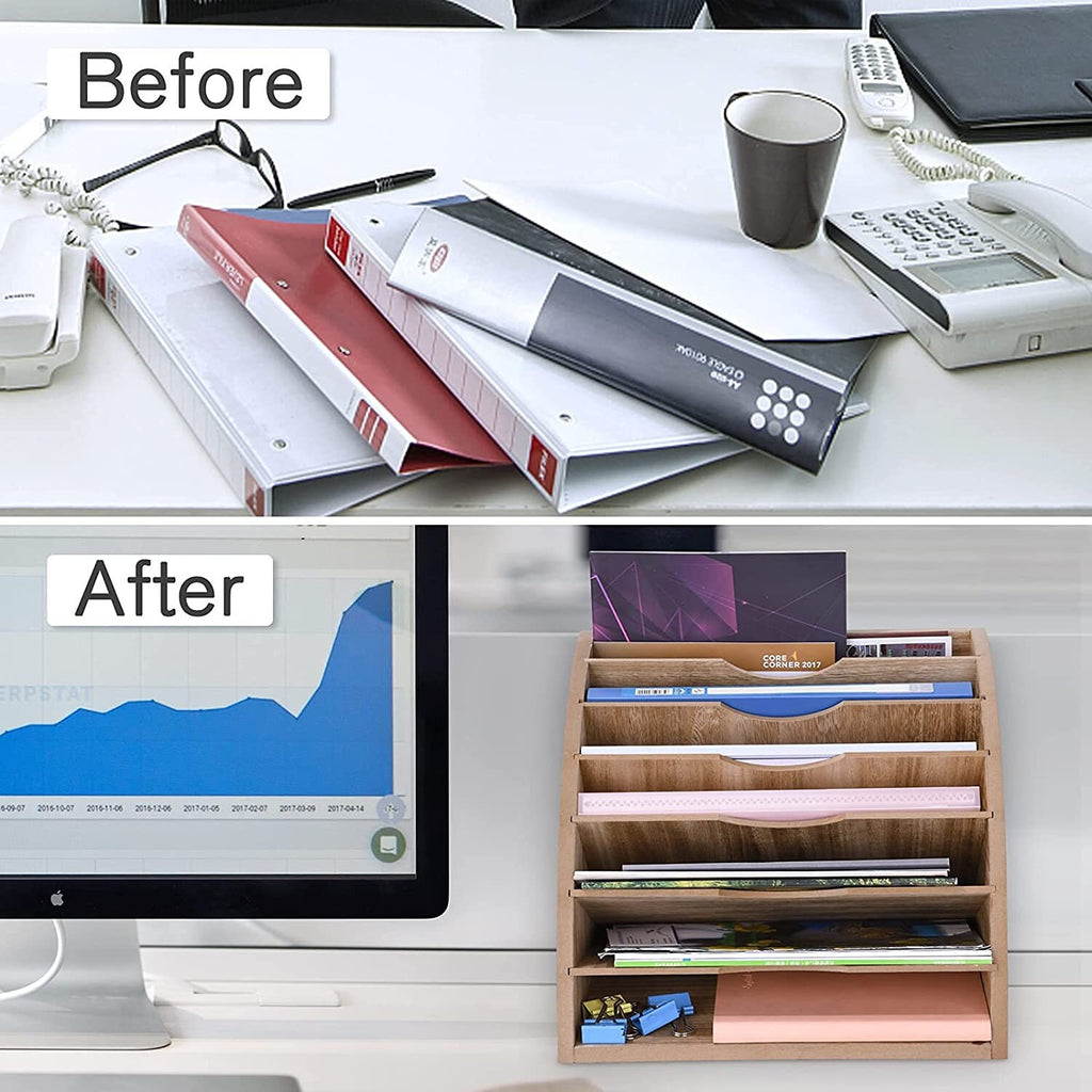 Wood File Organizer Desktop, Office 7 Tier Paper Letter Tray Organizer, 6 Adjustable Shelves File Sorter, Large Desk Paper File Holder