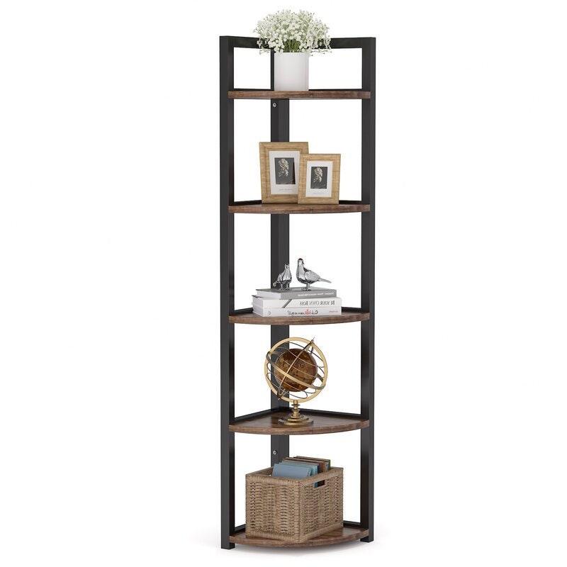 Rustic Brown Steel Corner Rustic Corner Storage Rack Plant Stands Small Bookshelf for Living Room, Home Office, Kitchen, Small Space