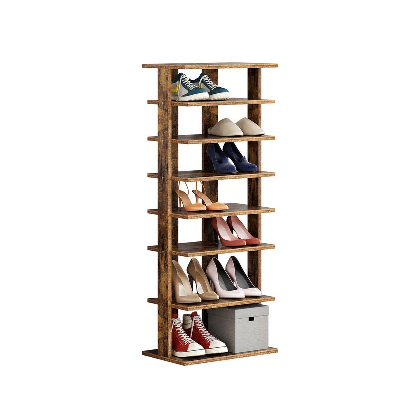 Rustic Brown Double Rows 7-tier Shoe Rack Vertical Entryway Shoe