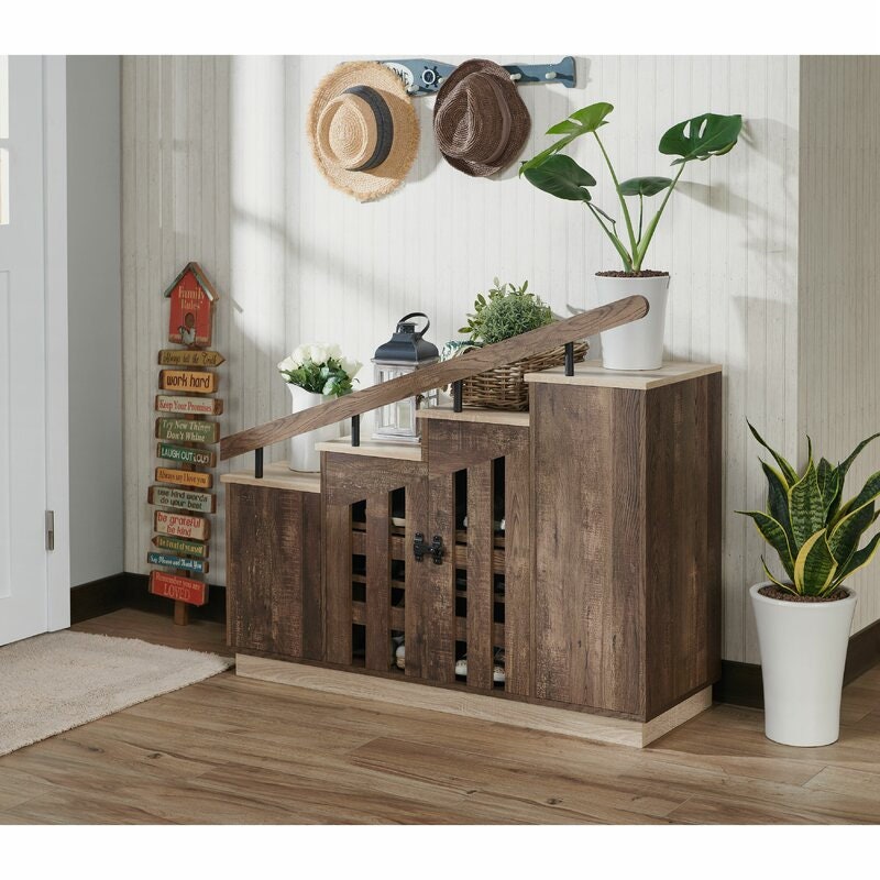 Reclaimed Oak 12 Pair Shoe Storage Cabinet Stepped Top Provides Display Space For Everything From Framed Photos To Potted Plant