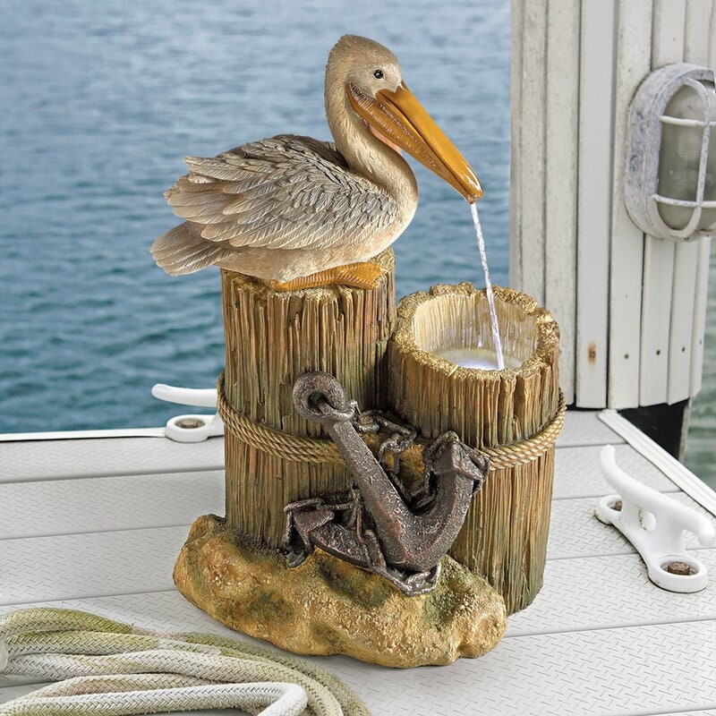 Resin Pelican's Seashore Roost Sculptural Fountain with LED Light Beautiful Pelican Fountain! This Coastal Animal Sculpture