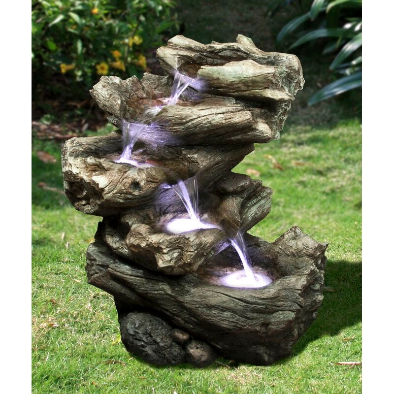 Resin Decorative 4 Level Log Fountain with LED Light Multi Level Fountain Features Portions of Logs That Have Been Stacked Upon 1 Another