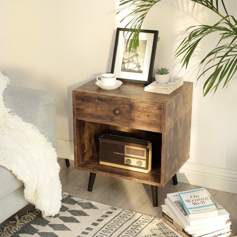 1 Drawer Nightstand Drawer for your Secrets, and An Open Compartment for your Novels Supported By Solid Pine Wood Legs