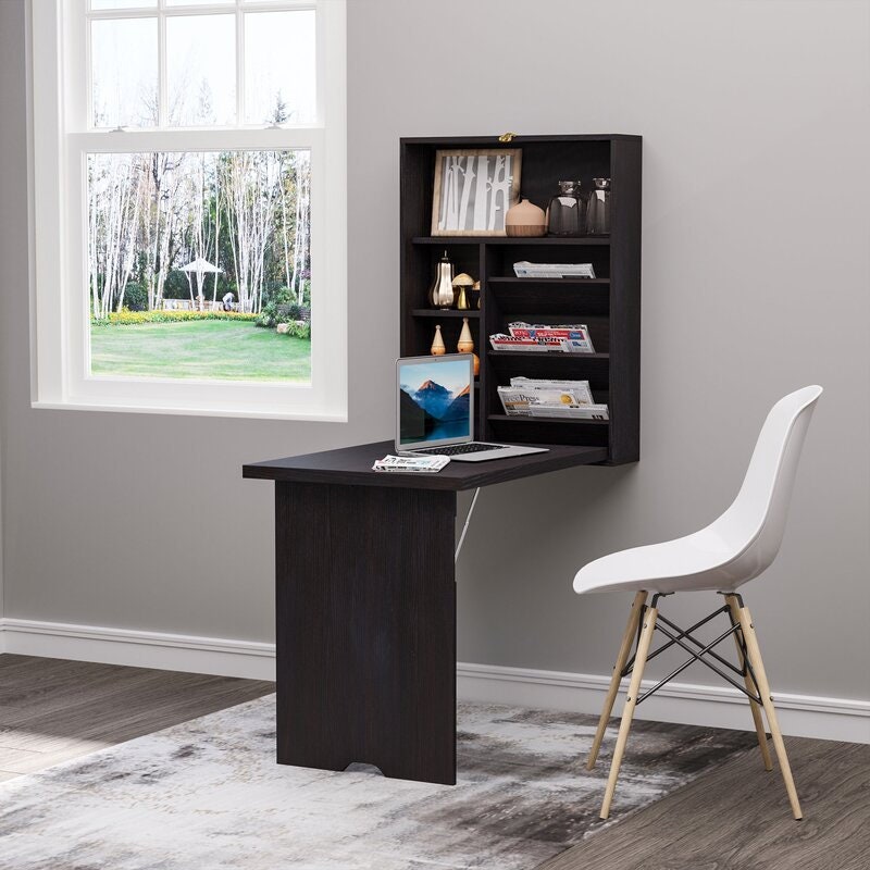 Espresso Brown Floating Desk with Hutch Fold-Out Desk Empty Spot Into your Own Personal Work Study or Writing Area Maximize your Living Area