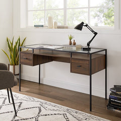 Dark Walnut Glass Desk Space for Important Documents and Sophisticated Office Supplies Contemporary Writing Desk
