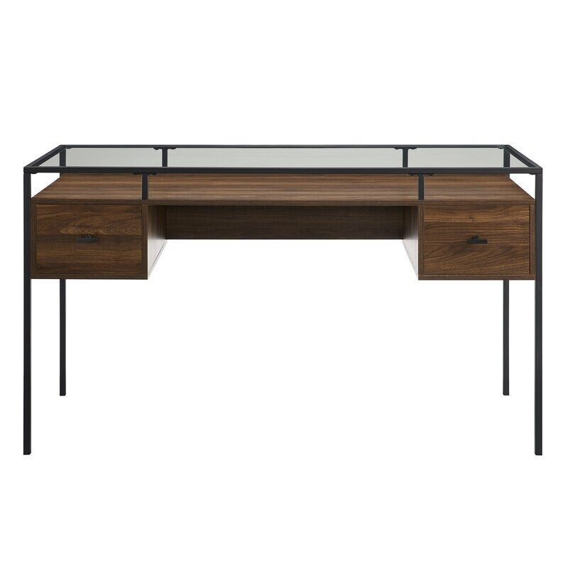 Dark Walnut Glass Desk Space for Important Documents and Sophisticated Office Supplies Contemporary Writing Desk