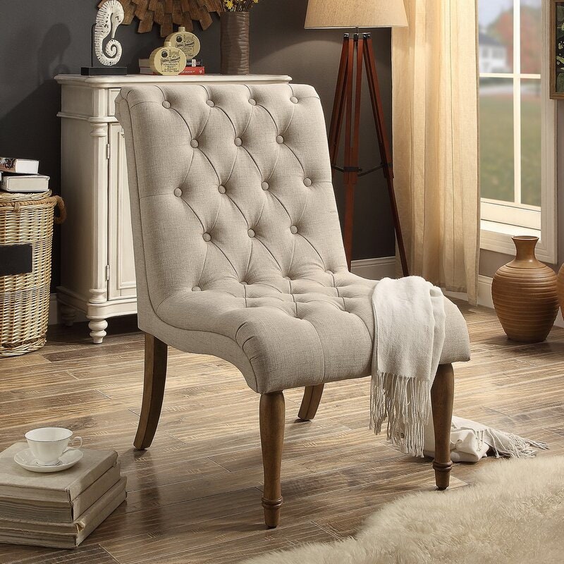 Linen Side Chair Perfect Unit for Your Dressing or Lounging Room Armless Style Diamond-Shaped Tufted Buttons Soft Linen Fabric