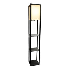 Column Floor Lamp Wood Shelves to Store Framed Family Photos, Books, and Beyond. Up Above, a Single 100 W Medium-Base Bulb