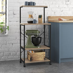 Oak Kitchen Cart with Locking Wheels With 4 Tier Spacious Shelves, This Kitchen Baker Rack Provides Room for Storing