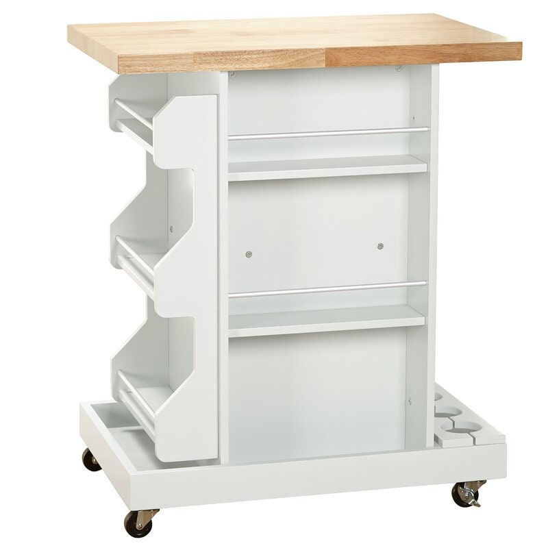 Kitchen Cart with Locking Wheels Six Spice Shelves, Caster Feet, a Butcher Block Top, Two Large Storage Shelves for Plates and Bowls