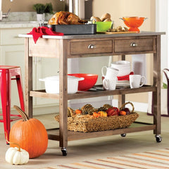 Barnwood Wire-Brush Solid Wood Kitchen Cart with Stainless Steel Top and Locking Wheels Two Drawers and Two Shelves that Provide