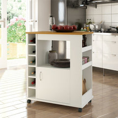 White Natural Kitchen Cart with Locking Wheels Open Shelf and Bottom Cabinet Kitchen Cart Provides the Extra Room you Need