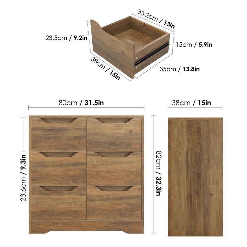 Rustic Brown 6 Drawer Unique Cut-Out Drawer Handles and Ample Desktop for  Home Office Hunting for a Perfect Solution To All your Storage