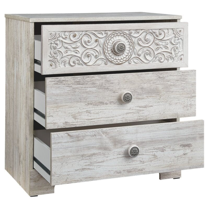 3 Drawer Chest Perfect for a Restful Bedroom Medallion Drawer Pulls Give this Attractively Priced Chest Perfect for your Bedroom