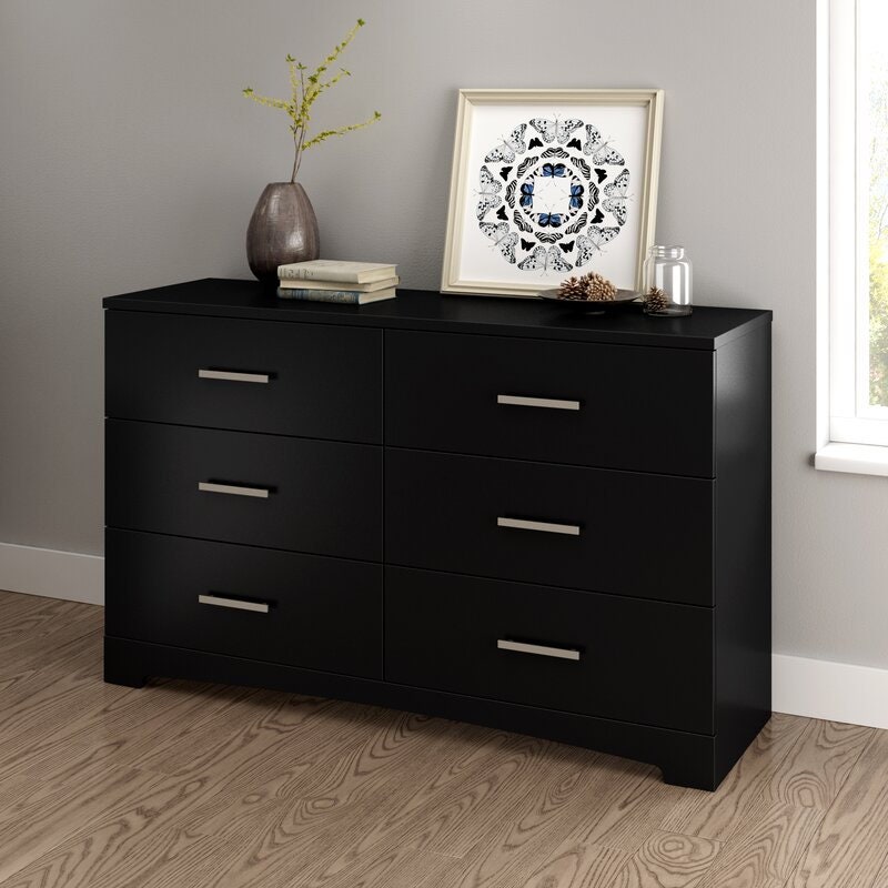 Pure Black  6 Drawer Double Dresser Storage And Organization Featuring 6 Large Drawers with Straight Metal Pull Handles