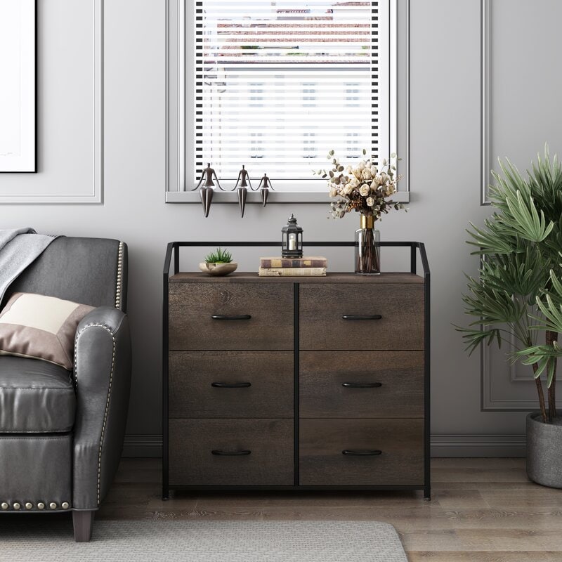 Dark Brown Midfield 6 Drawer Double Dresser 6 Removable and Removable Drawers with Easy-To-Pull Wooden Handles.Storage Drawers