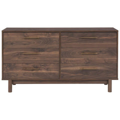 6 Drawer Double Dresser Keeps your Home Decor Grounded While Elevating your Modern Style Walnut Wood Grain and Burnished Goldtone Handles