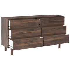 6 Drawer Double Dresser Keeps your Home Decor Grounded While Elevating your Modern Style Walnut Wood Grain and Burnished Goldtone Handles