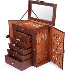 Leather Jewelry Box Case Storage Brown 5 Removable Drawers For Maximum Jewelry Storage. The Deeper Bottom Drawer Has Only One Compartment
