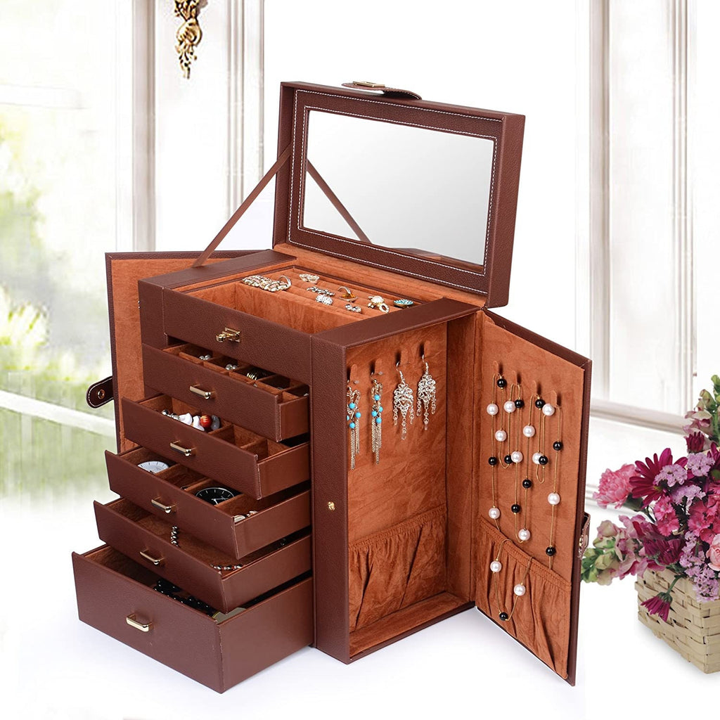 Leather Jewelry Box Case Storage Brown 5 Removable Drawers For Maximum Jewelry Storage. The Deeper Bottom Drawer Has Only One Compartment
