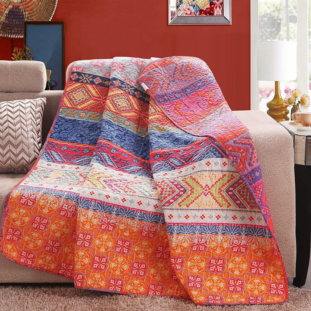 Reversible Cotton Multicolored Boho Throw Blanket Washable & Dryable Stripe Quilted 50"x60