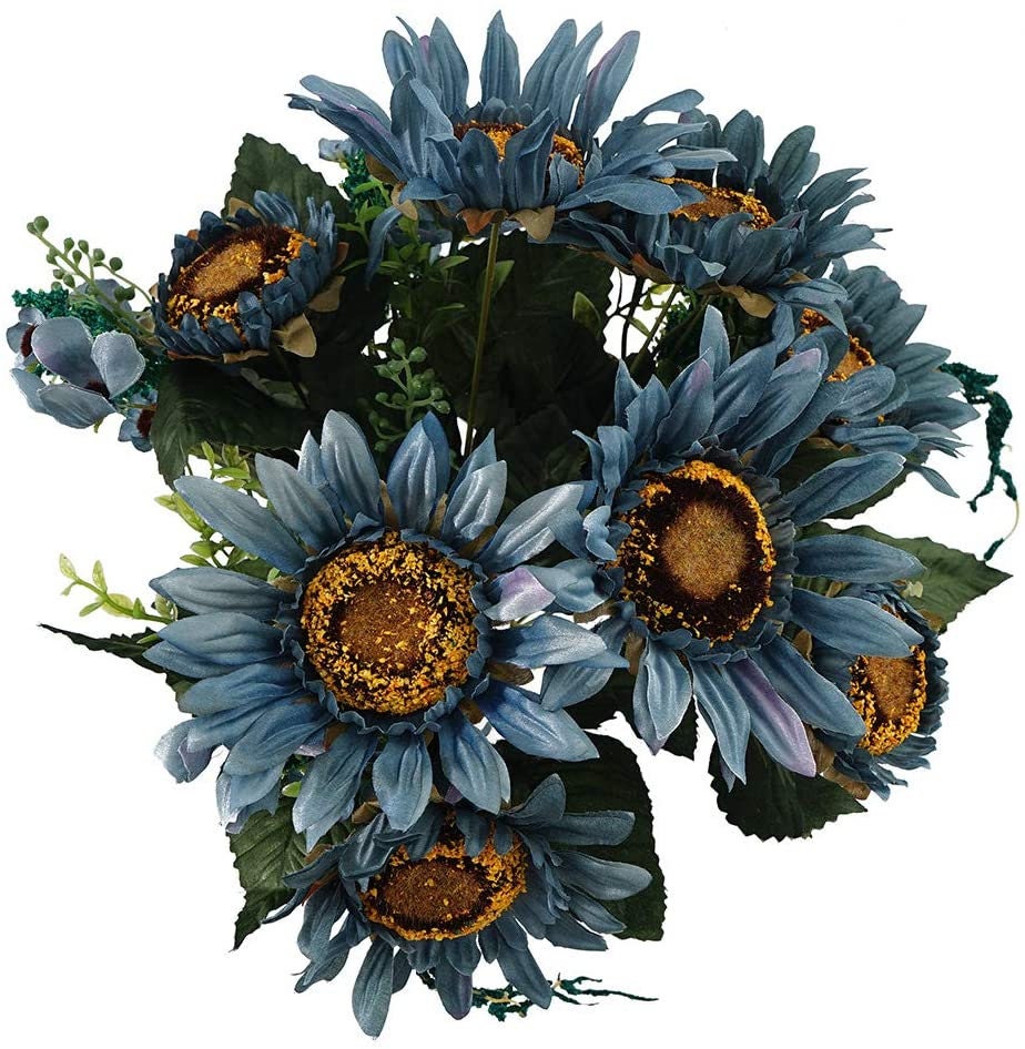 Beferr Artificial Sunflower Bouquet Fake Silk Sunflower Flower for Garden Art Home Table Party Wedding Decor (Blue)