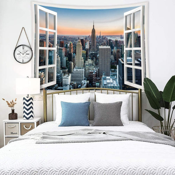 Tapestry Skyline Sunset Midtown New York City Window  Wall Hanging Home Decor Bedroom 59" x 78