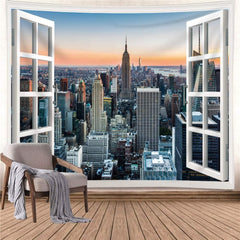 Tapestry Skyline Sunset Midtown New York City Window  Wall Hanging Home Decor Bedroom 59" x 78