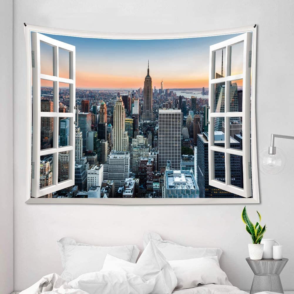 Tapestry Skyline Sunset Midtown New York City Window  Wall Hanging Home Decor Bedroom 59" x 78
