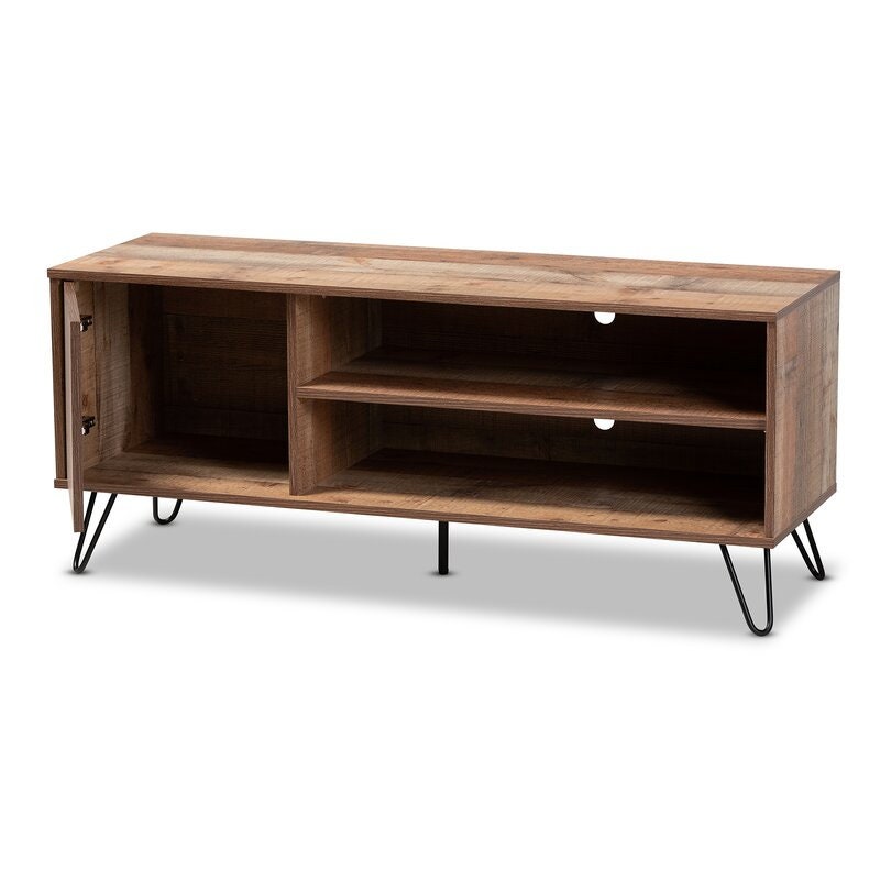 TV Stand for TVs up to 50" Additional Storage Space is Found Behind One Door. Black Metal Hairpin Legs Add A Cool, Modern Feel