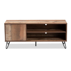 TV Stand for TVs up to 50" Additional Storage Space is Found Behind One Door. Black Metal Hairpin Legs Add A Cool, Modern Feel