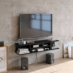 Black Floating TV Stand for TVs up to 70" Four Open Shelves Providing Storage Space for your Books, Electronic Devices and Media Equipment