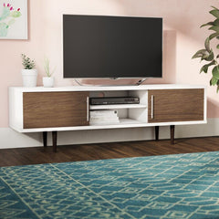 TV Stand for TVs up to 75" Round Tapered Walnut Legs. Featuring Wire-Sorting Vents, Two Open Shelves Are Perfect for Housing your Cable Cox