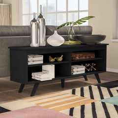 Black TV Stand for TVs up to 65" Four Open Compartments Act As Stages for DVD Players, Video Games, and More While Cable Management