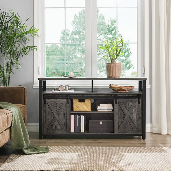 Charcoal Gray Black TV Stand for TVs up to 65" 2 Open Compartments and A Large Shelf Under the Tabletop