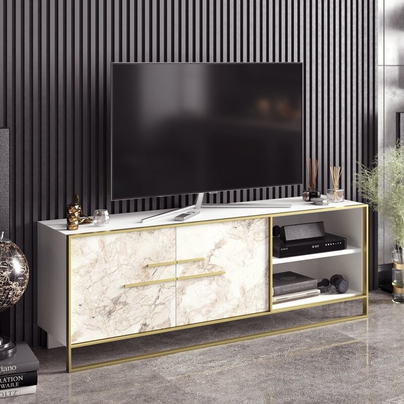 White TV Stand for TVs up to 70" Two Cabinet Doors Open with Elegant Metal Handles To Reveal An Interior Space with A Shelf for Storing DVDs
