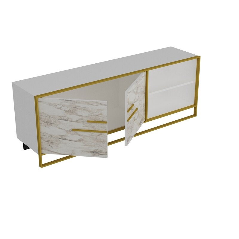 White TV Stand for TVs up to 70" Two Cabinet Doors Open with Elegant Metal Handles To Reveal An Interior Space with A Shelf for Storing DVDs