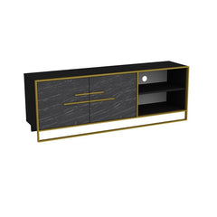 TV Stand for TVs up to 70" Two Cabinet Doors Open with Elegant Metal Handles To Reveal An Interior Space with A Shelf for Storing DVDs