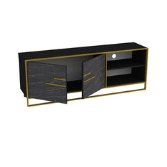 TV Stand for TVs up to 70" Two Cabinet Doors Open with Elegant Metal Handles To Reveal An Interior Space with A Shelf for Storing DVDs
